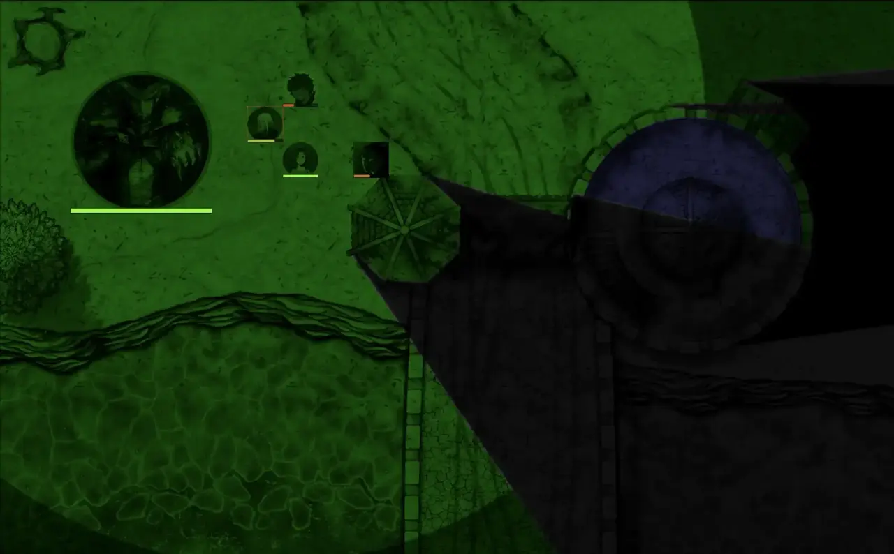Foundry VTT scene from perspective of token with green-tinted darkvision.